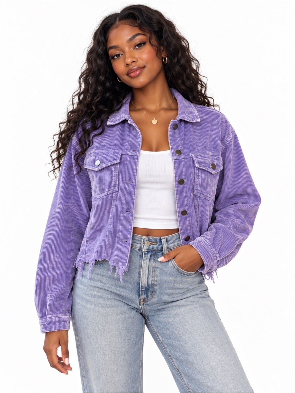 Purple Corduroy Cropped Jean Jacket